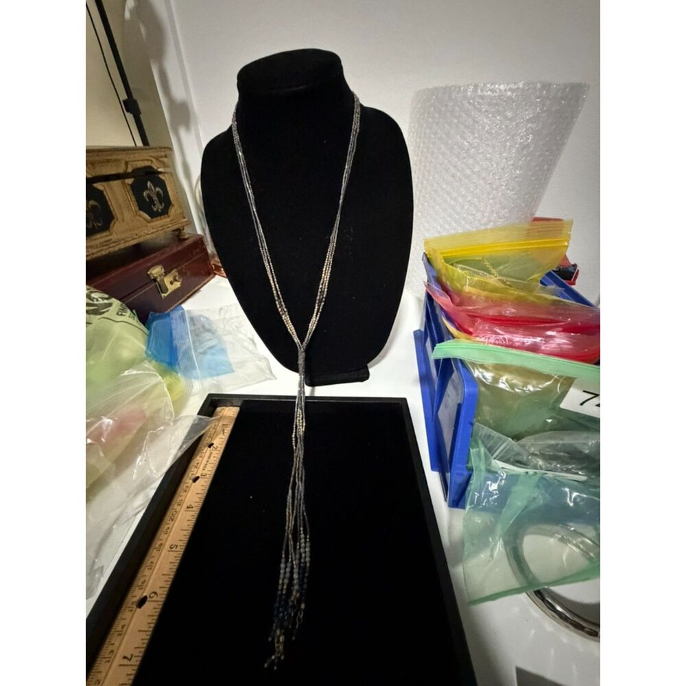 vtg Nakomol multi stand grey bead lariat tassel necklace
